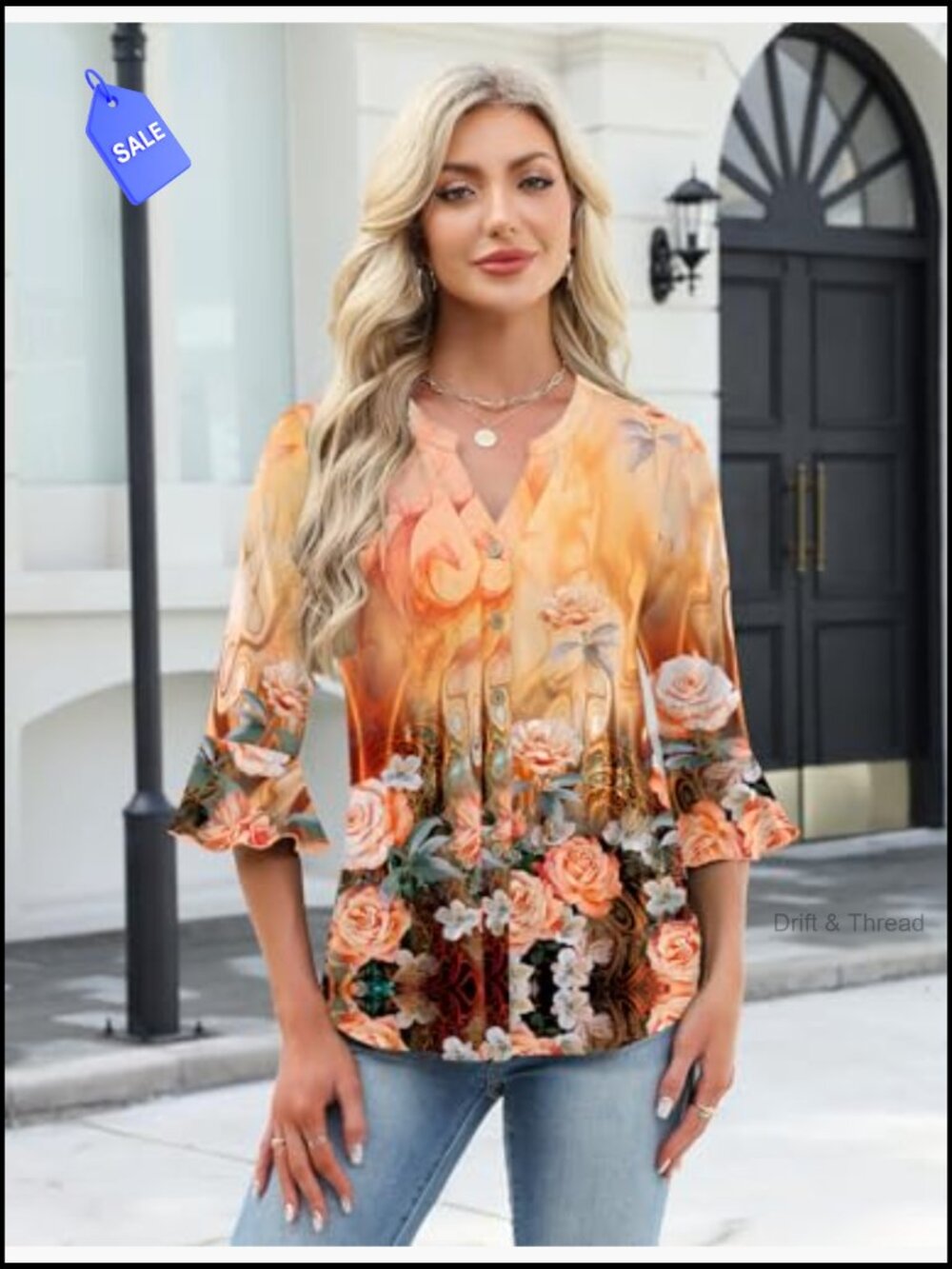 3/4 Sleeve V-Neck Button Down Tunic Tops Women Casual Blouse Ruffle Bell Sleeve - Picture 5 of 7
